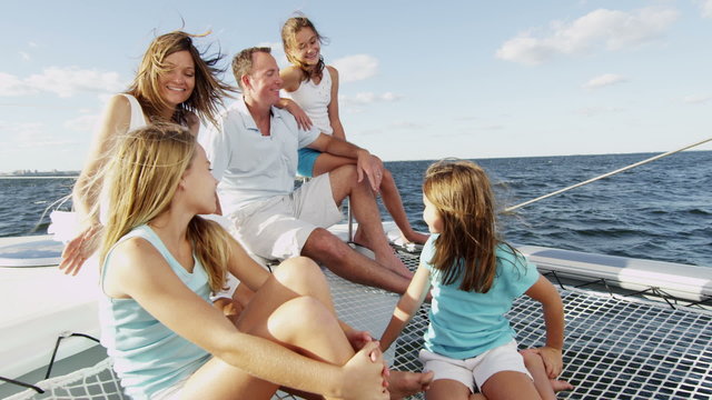 Caucasian Family Together Luxury Lifestyle Yacht Tourism Promotion Portrait 