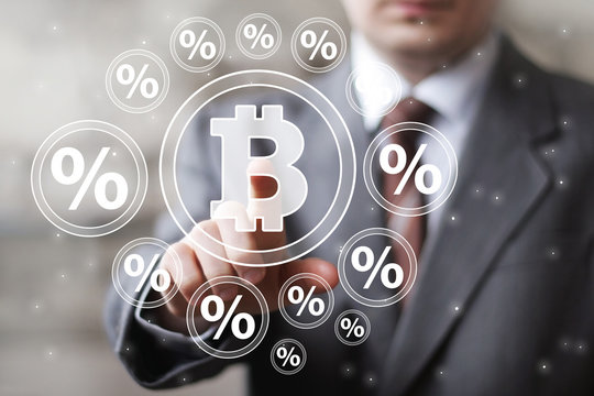 Businessman pressing button web bitcoin icon percent