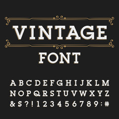 Distressed alphabet vector font. Letters, numbers and symbols. Vintage vector typeface for labels, headlines, posters etc.