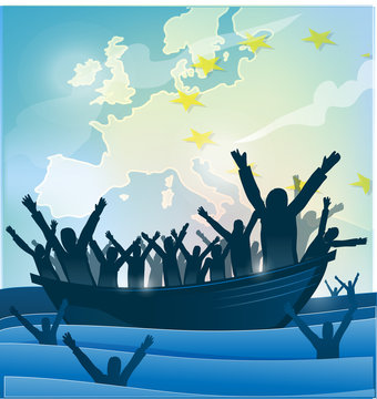 immigration people with  the boat on european map.