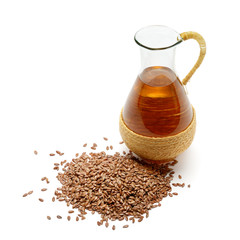 flax seeds and oil isolated on white background