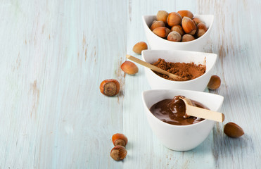 Bowls of chocolate spread, cocoa and nuts.