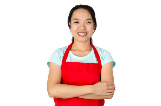 Portrait Of Woman With Red Apron Ready To Cooking,asian Housewife