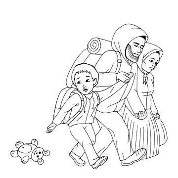 Graphic sketch of immigrant family: mother, father and little boy. Refugees family isolated, vector illustration.