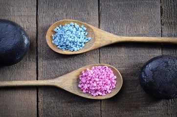 Blue and pink sea salt and spa stones