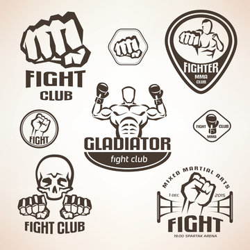 Set of fighting club emblems, MMA, boxing labels and bages