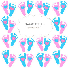 Baby foot prints with hearts vector greeting card