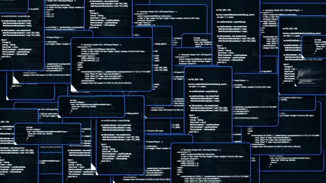 Animation of computer monitor screen showing windows folder source code and text VIRUS sign warning and blinking that the system had been hacked or infected by network virus in 4k ultra HD