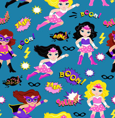 Obraz na płótnie Canvas Seamless superhero girls background pattern in vector.