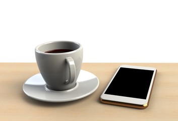 Coffee cup with smart phone on wood table