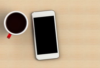 Coffee cup with smart phone on wood table
