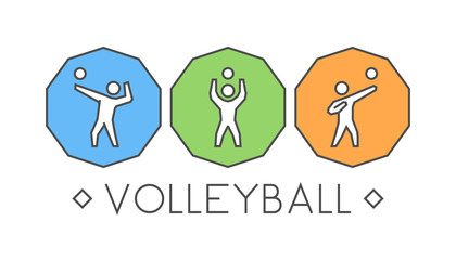 Vector line volleyball logo and icons. Silhouettes of figures vo
