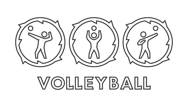Vector line volleyball logo and icons. Silhouettes of figures vo