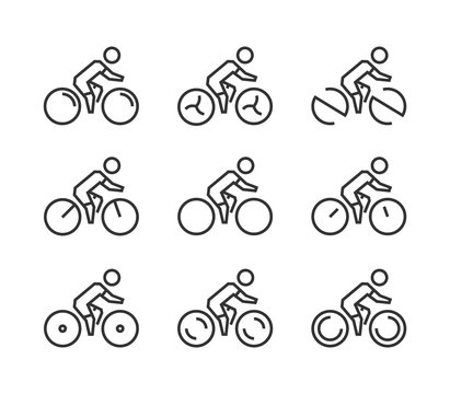 Vector line cycling icon set. Cyclist silhouette figures.