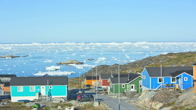 Colored Houses Ilulissat Arctic Circle Remote Coastal Global Warming Time Lapse