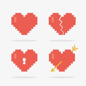 8 Bit Heart Icons Set in Vector