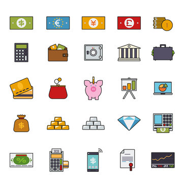 Finance and money filled line icon vector set