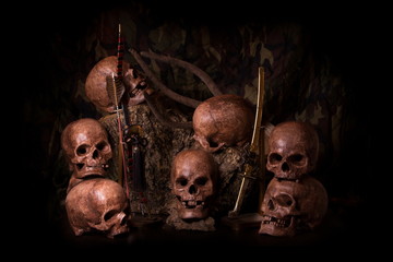 Still life of Skull samurai with sword and Bow