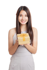 Beautiful young Asian woman with golden gift box