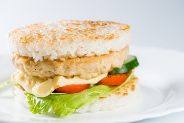 close-up of  Japanese food, grilled meat in Rice burger, served