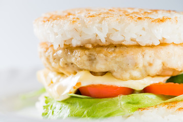 close-up of  Japanese food, grilled meat in Rice burger, served