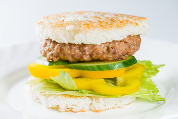 close-up of  Japanese food, grilled meat in Rice burger, served