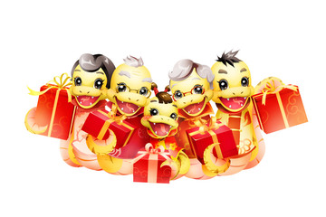 Happy snake family celebrating Chinese New Year with gifts