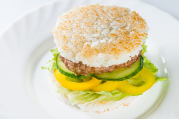 close-up of  Japanese food, grilled meat in Rice burger, served