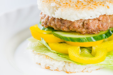 close-up of  Japanese food, grilled meat in Rice burger, served