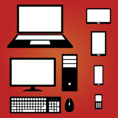 Device Icons: smartphone, tablet,  laptop, desktop computer, phone, keyboard and mouse
