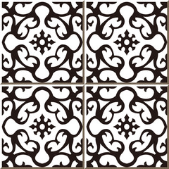 Vintage seamless wall tiles of black white spiral flower vine, Moroccan, Portuguese.

