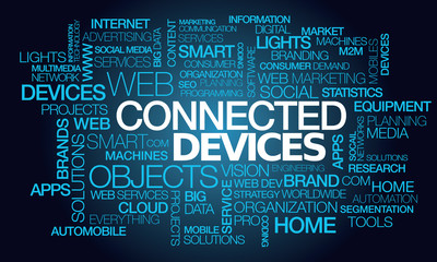 Connected devices smart objects and the internet of things words tag cloud text blue 