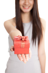 Close up of  red gift box in  young Asian woman hand