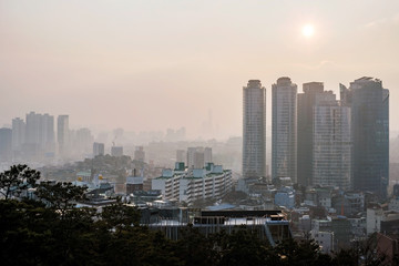 View of downtown Seoul at sunset
