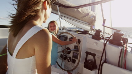 Healthy Caucasian Parents Daughter Outdoor Living Steering Power Luxury Yacht