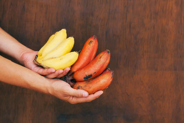 Hands holds yellow and red banana on wooden background - 99531440