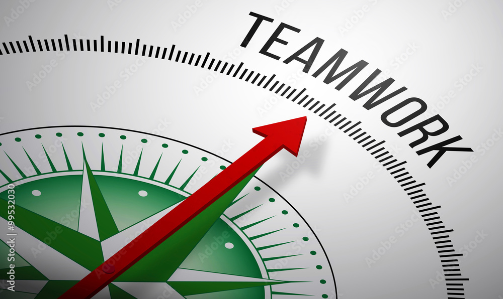 Poster 3d rendering of a compass with a teamwork icon.