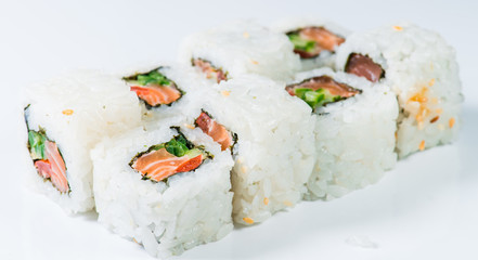 close-up of  Japan sushi white rice, salmon and cucumber (shallo