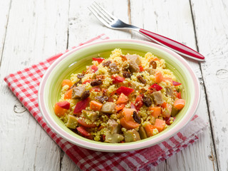 vegetarian couscous with seitan capsicum and dried grapes
