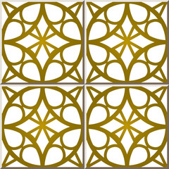 Vintage seamless wall tiles of golden round frame, Moroccan, Portuguese.
