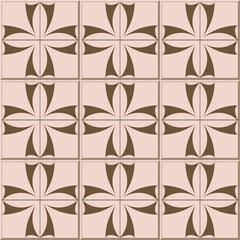 Vintage seamless wall tiles of brown curve cross, Moroccan, Portuguese.
