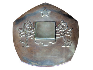 Metal plaque with two lions and a star isolated on white background