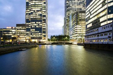 Canary Wharf offices in the evening
