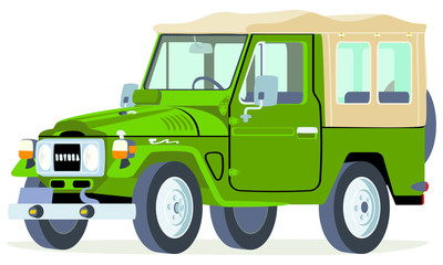 Caricatura Toyota Land Cruiser carpa cerado total verde vista frontal y lateral