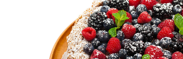 Very Berry Coffee Cake on white background. Selective focus.