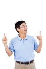 Happy man wearing eyeglasses gesturing