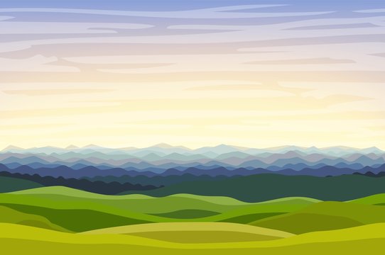 Cartoon vector horizontal landscape background with green hills