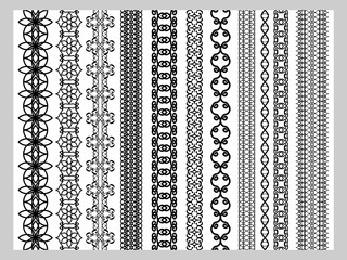 Set of ten seamless endless decorative lines. Indian decoration border  elements patterns in black and white colors.  Could be used as divider, frame, etc. Vector illustrations.