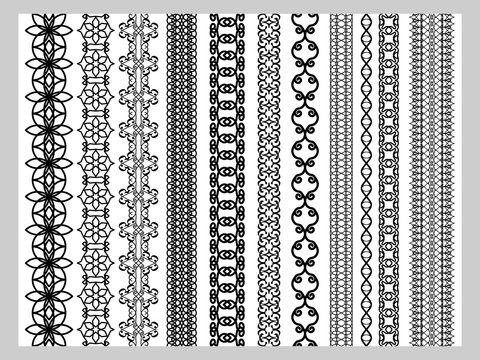 Naklejki Set of ten seamless endless decorative lines. Indian decoration border  elements patterns in black and white colors.  Could be used as divider, frame, etc. Vector illustrations.