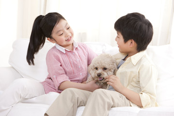 Children playing with a pet toy poodle